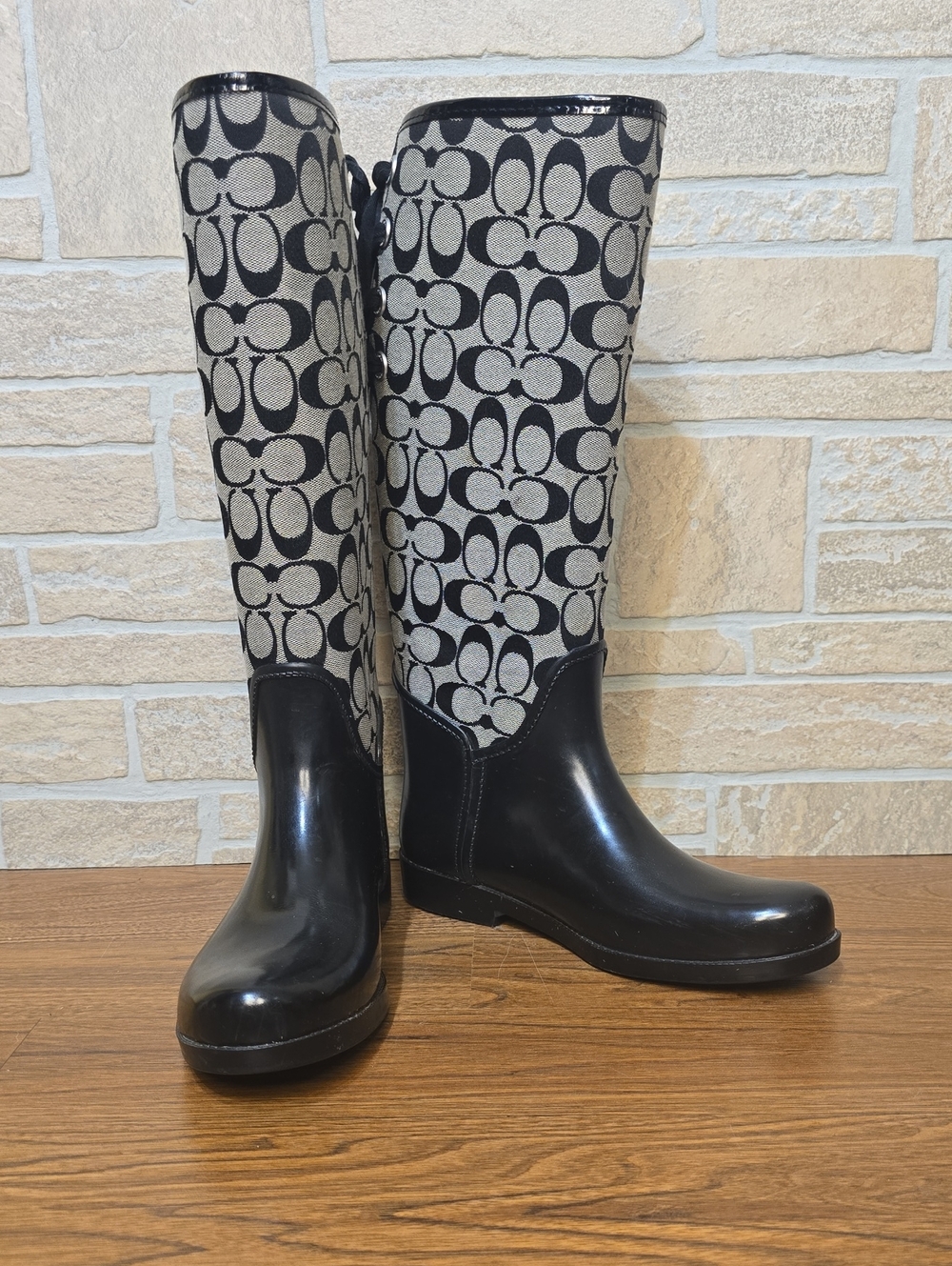 Coach TRISTEE Signature C Logo Canvas & Rubber Rain Boots Lace Back Size 9